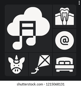 Set of 6 beautiful filled icons such as tooth, kite, at, cloud, bed