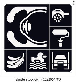 Set of 6 beautiful filled icons such as carriage, eye, bananas, roller, ugly duckling