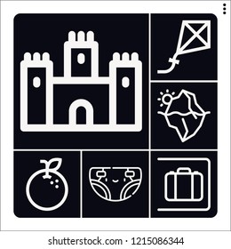 Set of 6 beautiful outline icons such as castle, iceberg, left luggage, orange, diaper