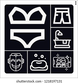 Set of 6 beauty outline icons such as soap, mask, bikini, selfie, bathtub