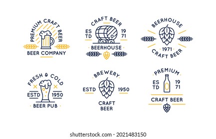 Set of 6 beer labels and logos. Vintage craft beer icons with pint glass, hop and barrel isolated on white background. Vector illustration 