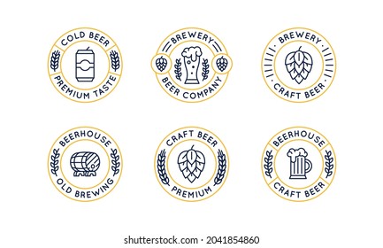 Set of 6 beer labels and logos. Vintage circle craft beer icons with pint glass, beer can, hop and barrel isolated on white background. Vector illustration 