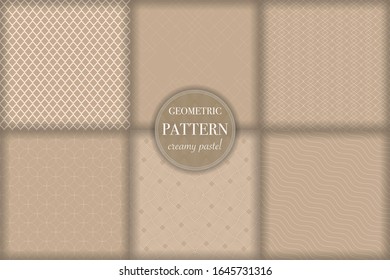 Set of 6 beige luxury geometric pattern background. Abstract line, dot retro style vector illustration for wallpaper, flyer, cover, banner, design template. minimalistic ornament, backdrop