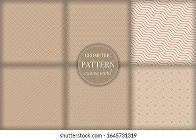 Set von 6 beigen, geometrischen Mustern. Abstrakte Vektorillustration mit Punkt-Retro-Stil für Tapete, Flyer, Cover, Banner, Design-Vorlage. Minimalistische Ornamente, Hintergrund