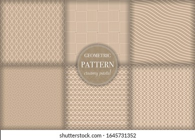 Set of 6 beige luxury geometric pattern background. Abstract line, dot retro style vector illustration for wallpaper, flyer, cover, banner, design template. minimalistic ornament, backdrop