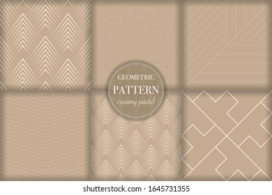 Set of 6 beige luxury geometric pattern background. Abstract line, dot retro style vector illustration for wallpaper, flyer, cover, banner, design template. minimalistic ornament, backdrop