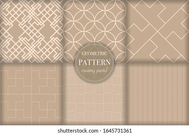 Set of 6 beige luxury geometric pattern background. Abstract line, dot retro style vector illustration for wallpaper, flyer, cover, banner, design template. minimalistic ornament, backdrop