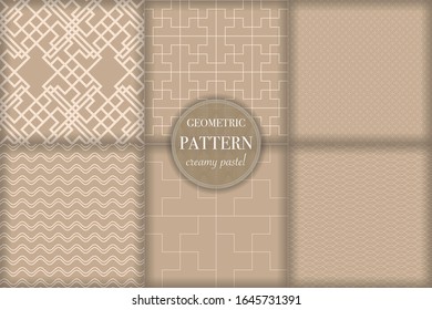 Set of 6 beige luxury geometric pattern background. Abstract line, dot retro style vector illustration for wallpaper, flyer, cover, banner, design template. minimalistic ornament, backdrop