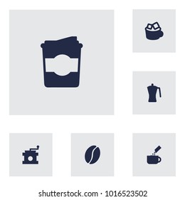Set of 6 beverage icons set. Collection of cappuccino to go, beverage, mocha grinder and other elements.
