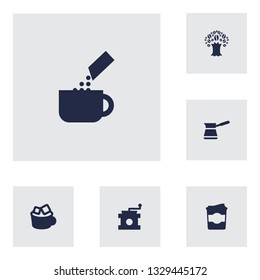 Set of 6 beverage icons set. Collection of beverage, cappuccino to go, mocha grinder and other elements.