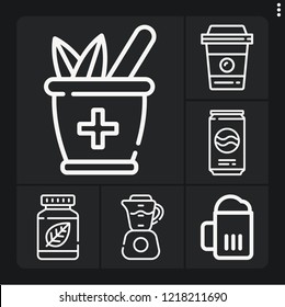 Set of 6 beverage outline icons such as beer, soda, coffee cup, herbal