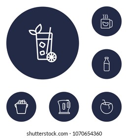 Set of 6 beverages icons line style set. Collection of lemonade, electrical tool, fridge and other elements.