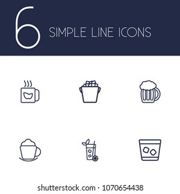 Set of 6 beverages icons line style set. Collection of fridge, tea green, lemonade and other elements.