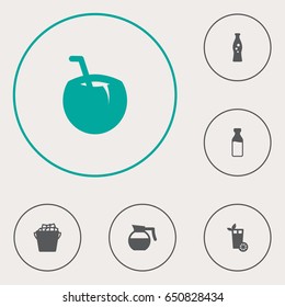 Set Of 6 Beverages Icons Set.Collection Of Hotdrink, Fizzy Water, Cocktail And Other Elements.