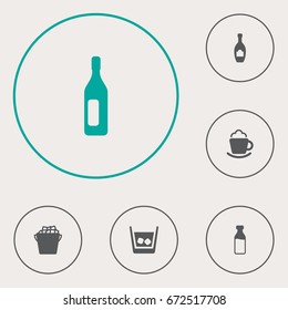 Set Of 6 Beverages Icons Set.Collection Of Cream, Milk Glass, Fridge And Other Elements.