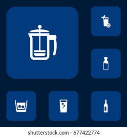 Set Of 6 Beverages Icons Set.Collection Of Wine, Milk Glass, Cognac And Other Elements.