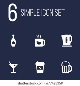 Set Of 6 Beverages Icons Set.Collection Of Electric Teapot, Espresso, Alcohol And Other Elements.
