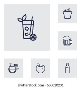 Set Of 6 Beverages Outline Icons Set.Collection Of Hotdrink, Cocos, Glass And Other Elements.
