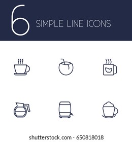 Set Of 6 Beverages Outline Icons Set.Collection Of Coffee, Cocos, Wine Cask And Other Elements.