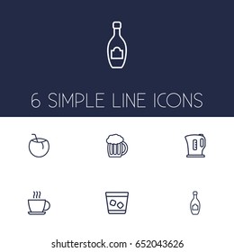 Set Of 6 Beverages Outline Icons Set.Collection Of Cocos, Ice, Champagne And Other Elements.