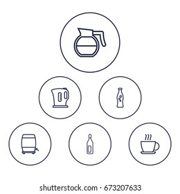 Set Of 6 Beverages Outline Icons Set.Collection Of Hot Drink, Coffeepot, Soda And Other Elements.