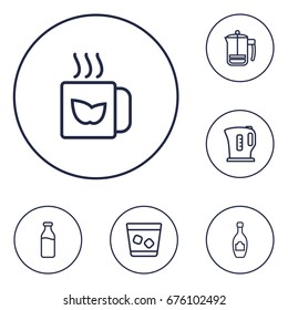 Set Of 6 Beverages Outline Icons Set.Collection Of French Press, Mug, Whiskey And Other Elements.