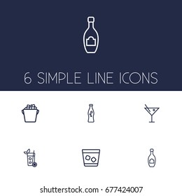 Set Of 6 Beverages Outline Icons Set.Collection Of Champagne, Soda, Cocktail And Other Elements.