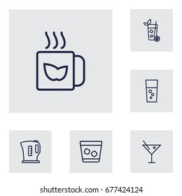 Set Of 6 Beverages Outline Icons Set.Collection Of Kettle, Mug, Fizzy Water And Other Elements.