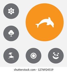 Set of 6 bio icons set. Collection of island, panda, dolphin elements.