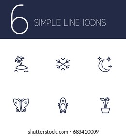 Set Of 6 Bio Outline Icons Set.Collection Of Butterfly, Moon With Star, Snowflake And Other Elements.