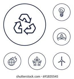 Set Of 6 Bio Outline Icons Set.Collection Of Wind Turbine, Eco, Recycling And Other Elements.