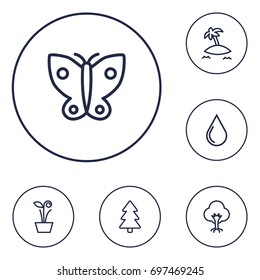 Set Of 6 Bio Outline Icons Set.Collection Of Water Drop, Plant, Island Elements.
