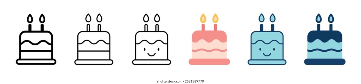  Set of 6 birthday cake icons with two candles in outline, flat, and filled styles. Includes pastel and bold color versions. Perfect for party themes, greeting cards, and UI element. Cake, icons.