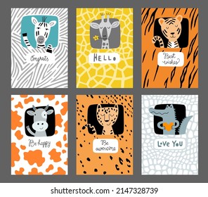 Set of 6 birthday greeting cards with cute animals. Zebra, cow, tiger, leopard, crocodile, giraffe and their skin textures. Vector illustrations for kids design.