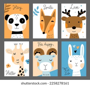 Set of 6 birthday greeting cards with cute animals. Panda, fox, deer, giraffe, mountain sheep, hare. Vector illustration for kids design.