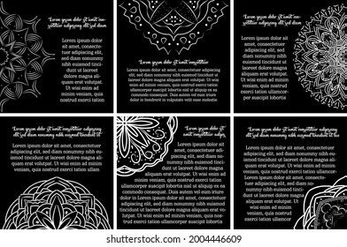 Set of 6 black cards with mandala design, with space to write.