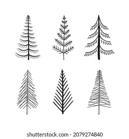 Set of 6 black Christmas trees in hand drawn style. Vector illustration is isolated on white background.