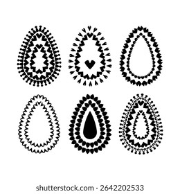 Set of 6 black decorative egg shapes with geometric patterns isolated on white background. Ethnic collection of Easter design elements.