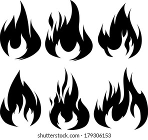 Set of 6 black fires for design or tattoo 