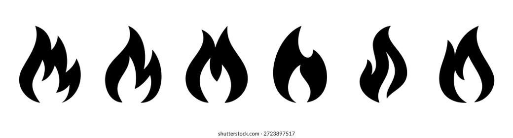 Satz von 6 schwarzen Flammensymbolen einzeln auf weißem Hintergrund. Vektor Feuer Silhouette Variationen für Wärme, Energie, Warnung und Sicherheit Design