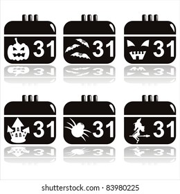 set of 6 black halloween calendar icons