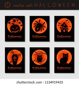 Set of 6 black minimalistic papercut designs with a halloween theme. US Letter size. 