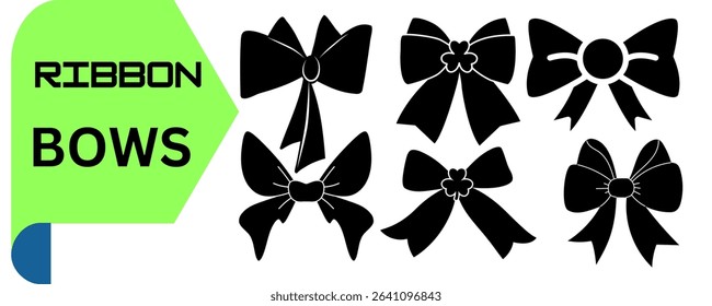 Set of 6 Black Ribbon Bow Designs – A collection of twelve unique black ribbon bow shapes, ideal for gift wrapping, festive decor, craft projects, and elegant design elements.
