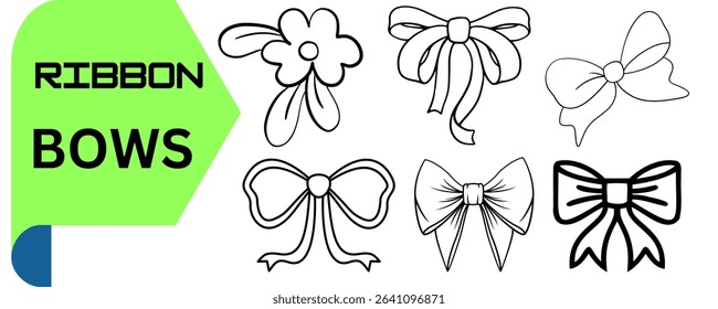 Set of 6 Black Ribbon Bow Designs – A collection of twelve unique black ribbon bow shapes, ideal for gift wrapping, festive decor, craft projects, and elegant design elements.