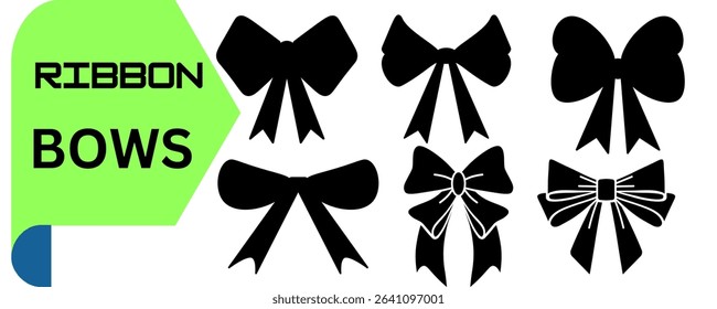 Set of 6 Black Ribbon Bow Designs – A collection of twelve unique black ribbon bow shapes, ideal for gift wrapping, festive decor, craft projects, and elegant design elements.
