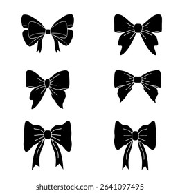 Set of 6 Black Ribbon Bows – A versatile collection featuring twelve unique black ribbon bow shapes, ideal for gift wrapping, festive decoration, crafts, and graphic design projects.