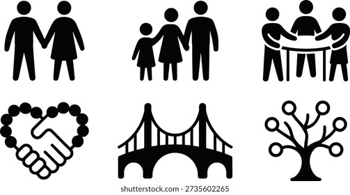 A set of 6 black silhouette icons symbolizing human connection and community infrastructure. This collection includes a couple holding hands, a family of three, a group of three people collaborating around a table, hands shaking in a heart shape, a classic suspension bridge, and a stylized tree of life or community network. Ideal for social work branding, relationship coaching, non-profit organizations, civil engineering concepts, and humanitarian aid projects.