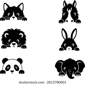 Set of 6 black silhouette peeking animals over edge - cat with whiskers, horse, fluffy hedgehog, bunny rabbit, panda bear and baby elephant with trunk, all with cute curious eyes and paws hanging, bold clean vector with white details perfect for pet brand,