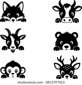 Set of 6 black silhouette peeking animals over edge - cat with whiskers, horse, fluffy hedgehog, bunny rabbit, panda bear and baby elephant with trunk, all with cute curious eyes and paws hanging, bold clean vector 