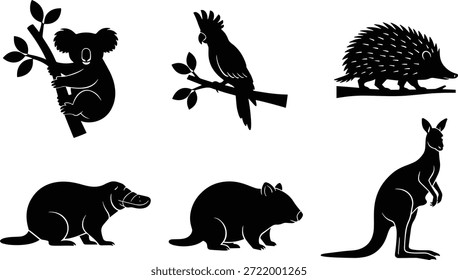 Um conjunto de 6 ilustrações de vetor de silhueta preta de animais australianos, incluindo um coala, pássaro, ouriço, vombate e canguru, em um design limpo.